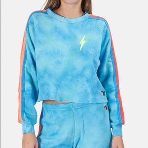 Aviator Nation Blue Tie Dye Five Stipe Crew Neck